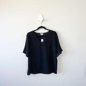 Loft Outlet Black Crochet Embroidered Neck Trim Semi Sheer Blouse Medium NWT's